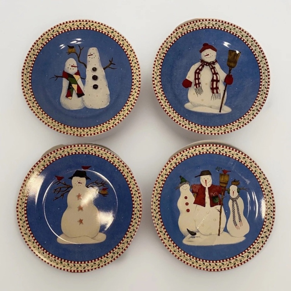 Debbie Mumm Snowman Set of 4 Christmas Salad Dessert Plates 8" Vintage 90’s